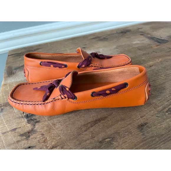 TOD'S Orange Leather Polka Dot Ribbon Driving Shoe - Picture 10 of 11